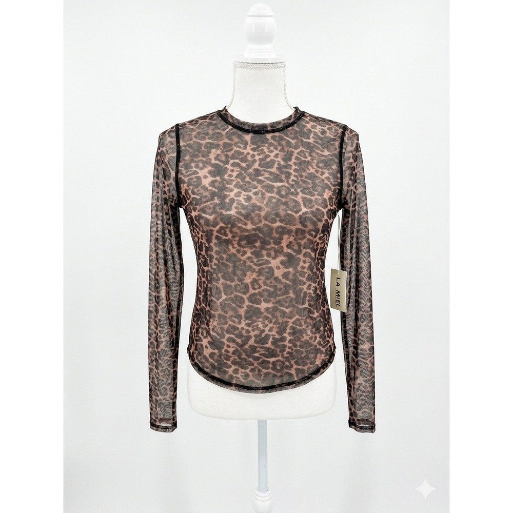 LA MIEL Womens Leopard Print Sheer Mesh Long Sleeve Top Brown Black JDT7709 NWT